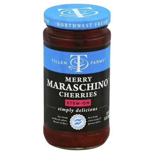 Zoom to enlarge the Tillen Farms Pitted & Stem-ons Merry Maraschino Cherries