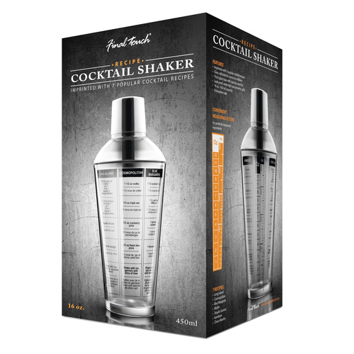 Final Touch Glass Cocktail Shaker with Stainless Steel Lid & Recipes - 16 oz